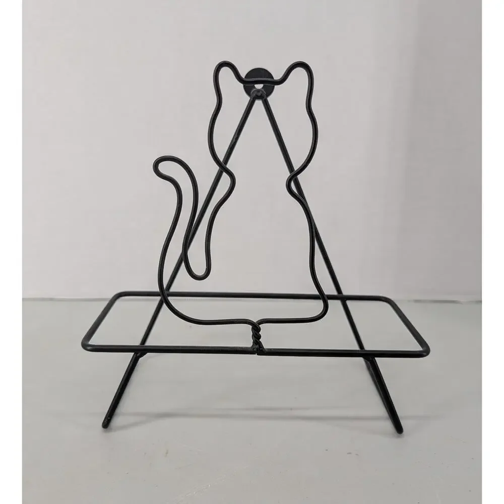 Vinatge Black Metal Cat Paper Plate Holder Letters Magazines Books